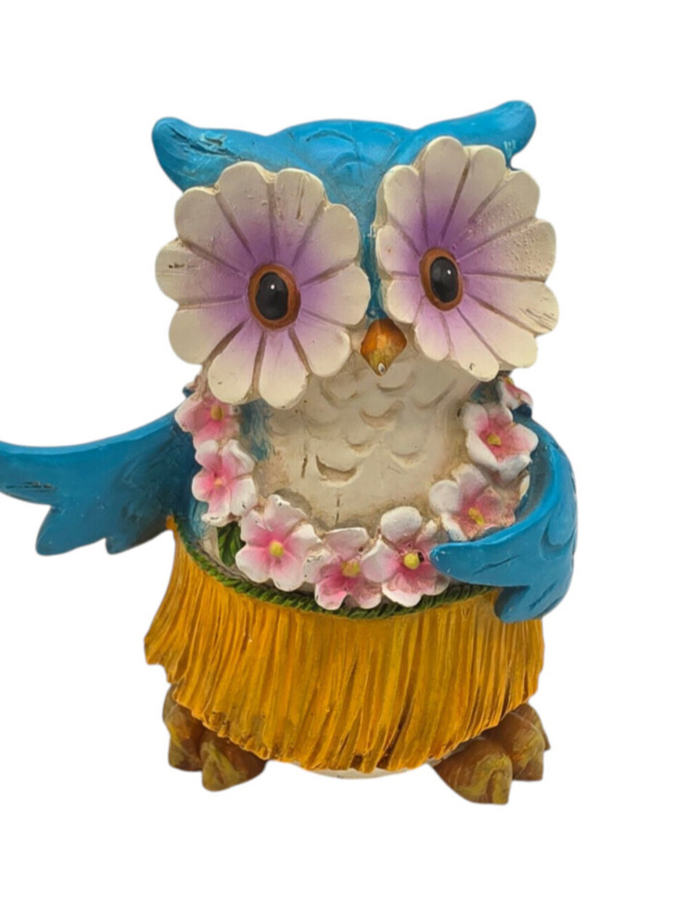 Bright Resin Wahine Hawaiian Hula OWL Figurine Hibiscus Eyes & Lei ~ 4.5" X 3"